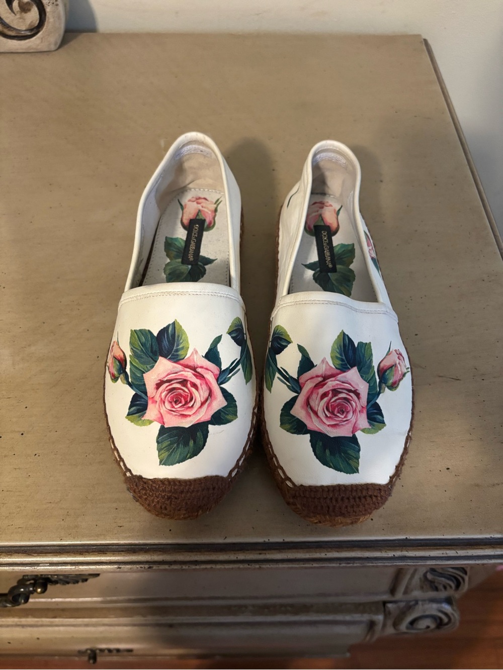 Dolce & Gabbana White Espadrilles with Pink Rose Print